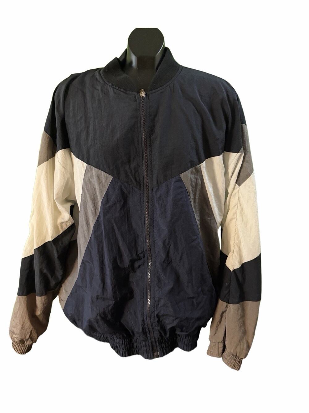 Vintage R&Y Sport Windbreaker Jacket Men’s Large Black Colorblock Nylon Full Zip
